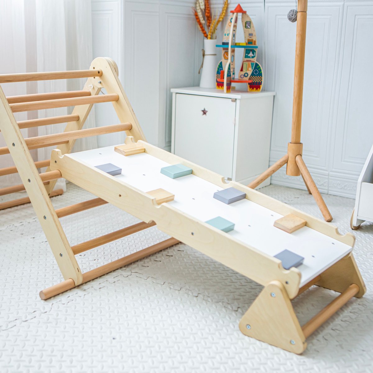 Mamabrum Houten Klimrek - Binnen Speeltuin - 2in1 Rocker, Ladder en Klimmuur, 9 Sporten, Dubbelzijdige Board, Klimladder — afbeelding 5