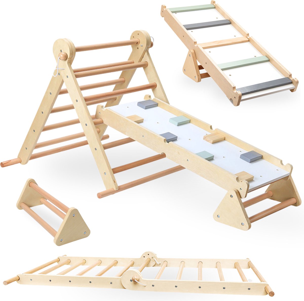 Mamabrum Houten Klimrek - Binnen Speeltuin - 2in1 Rocker, Ladder en Klimmuur, 9 Sporten, Dubbelzijdige Board, Klimladder — afbeelding 4