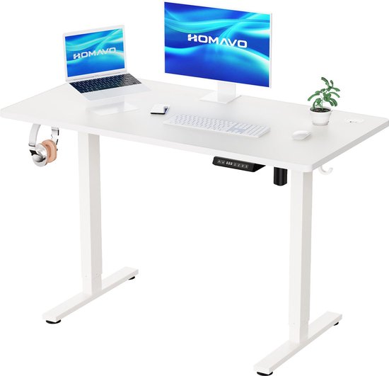 Zit-sta bureau elektrisch verstelbaar 120x60cm, Geheugenfunctie en anti-botsing, USB-A en TYPE C Poorten, Verstelbare Hoogte (Wit)