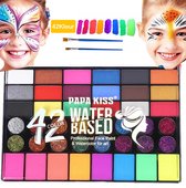 Schminkset-Schmink voor kinderen-42 kleuren-12 kleuren fluorescerende pigmenten Wasbare gezichtsverf Veilige lichaamsverf-2 penselen-Voor volwassenen Kinderen Halloweenfeest Carnaval-Make-upverf niet giftig in gebruik