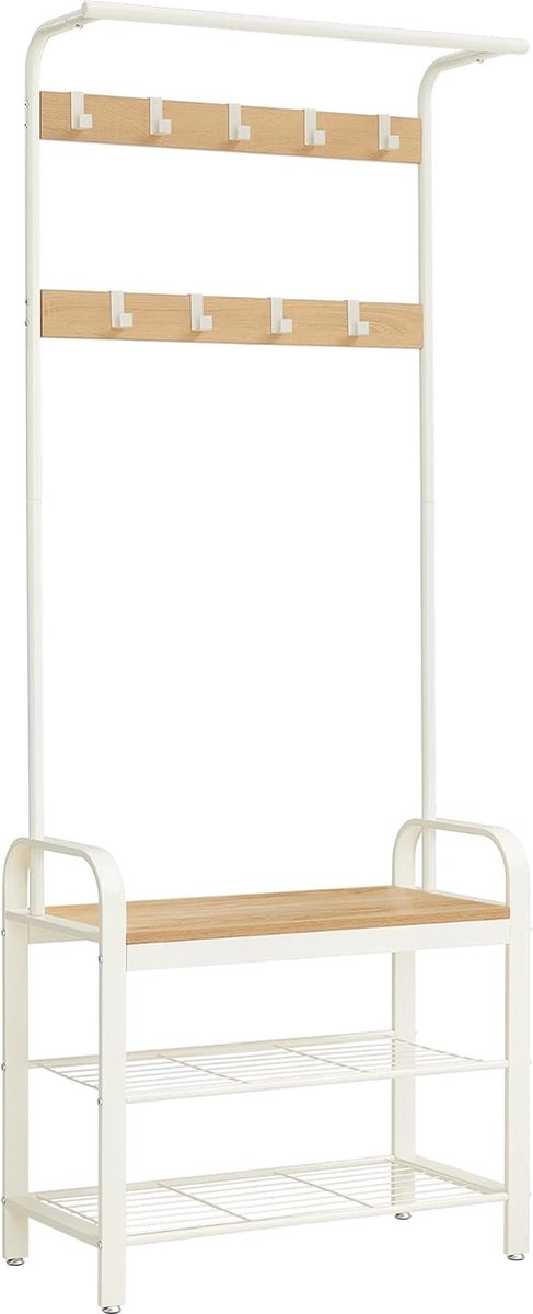 FurnStar - Kapstok - Kapstok met Schoenenopbergbank - 4 in 1 Design - met 9 Afneembare Haken - Een Kledingroede - Voor Hal - Entree - 33,7 x 72 x 183 cm - Industrieel - Eiken + Crème/Wit