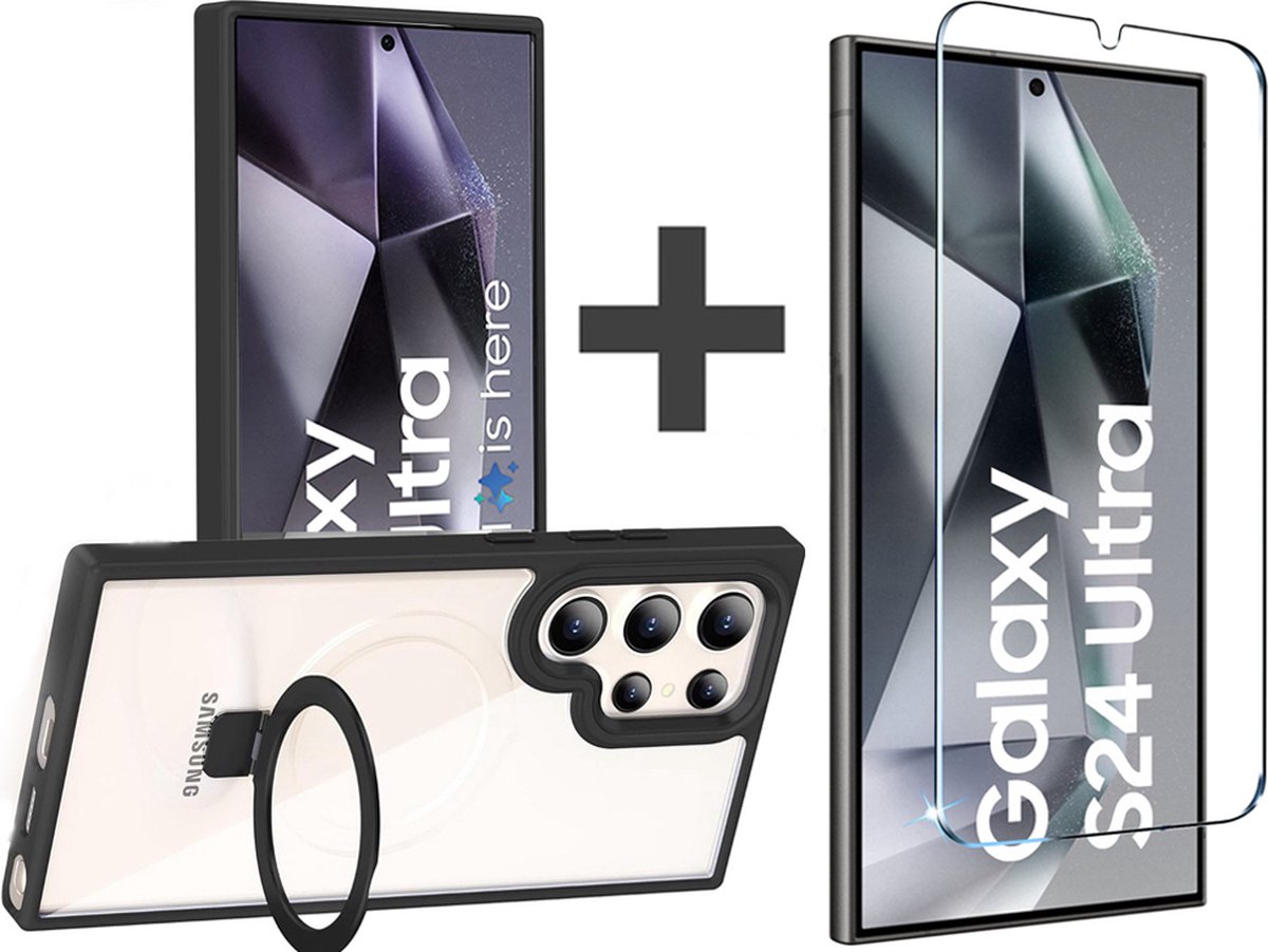 BixB Hoesje met Screenprotector Geschikt voor Samsung Galaxy S24 Ultra hoesje met Magnetisch Ringhouder backcover - Zwart