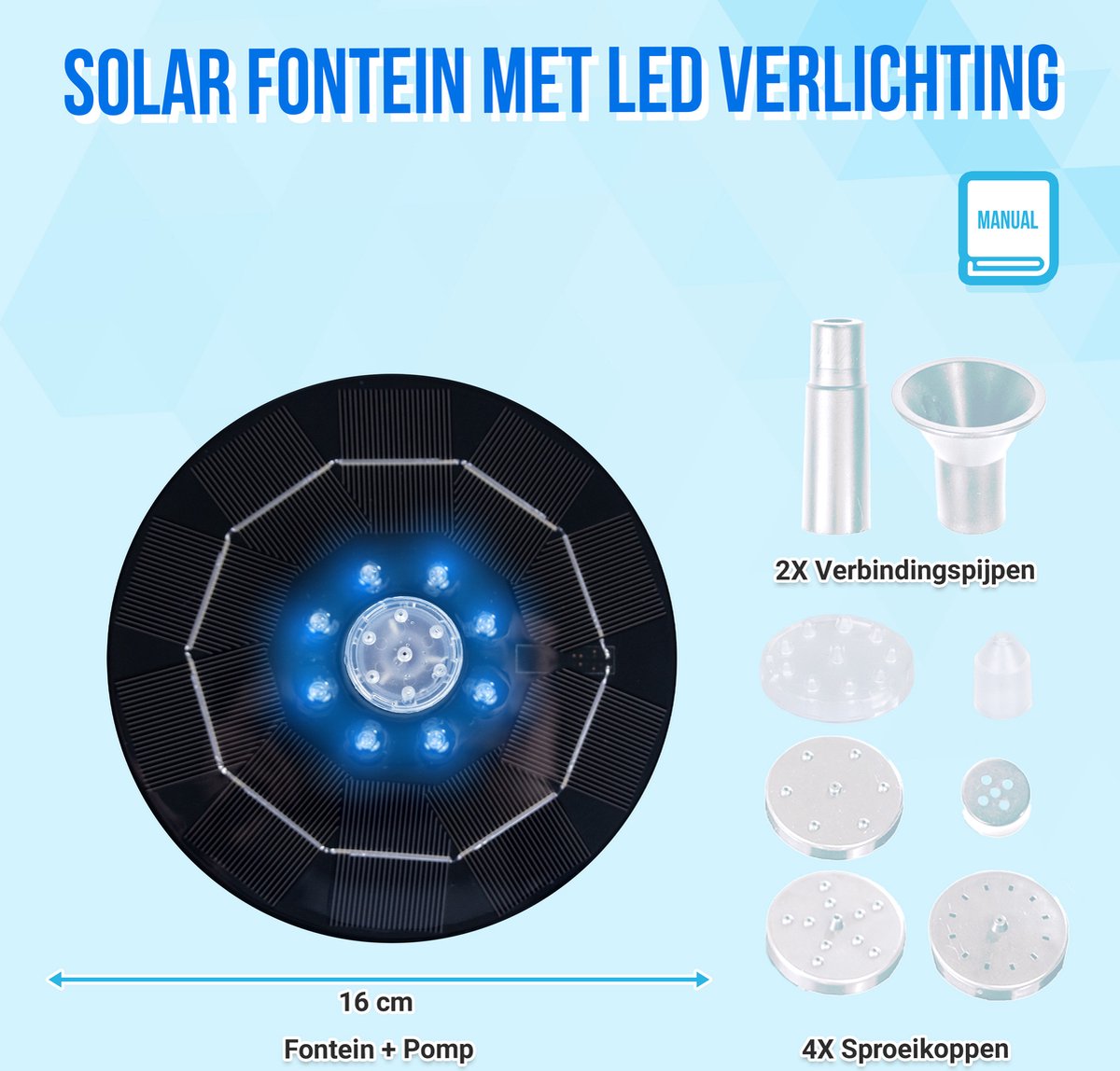 Forever Speed Drijvende Zonnefontein – 5,5W, 11 Sproeikoppen, LED-verlichting, 85cm Straalhoogte, 120 L/u – Voor Vijver & Vogelbad