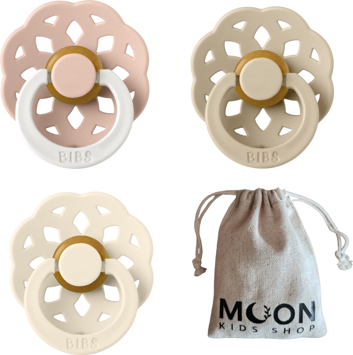 Goedkoopste BIBS Boheme set | Woodchuck, Blossom, Vanilla | Met speenzakje Moon Kids Shop | Maat 2 | Leeftijd 6 tot 18 maanden
