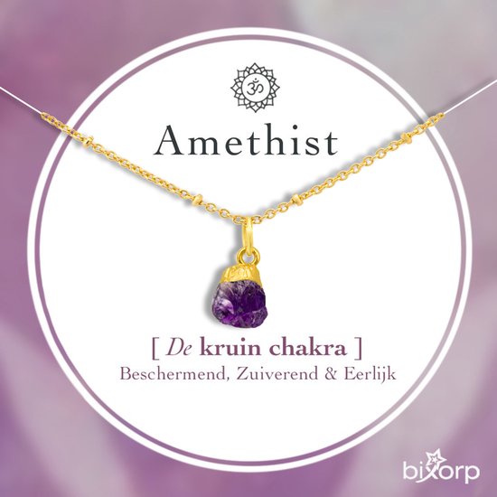 Bixorp Amethist Chakra Ketting - Goud Vergulden Roestvrij Staal - Ruwe Edelsteen Hanger - 36cm + 8cm verstelbaar