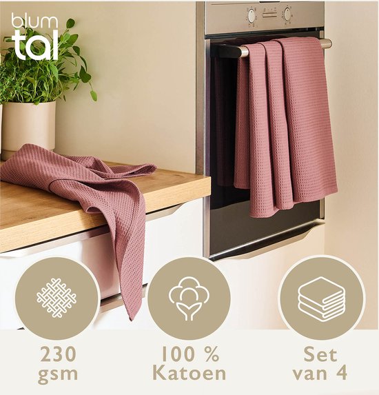 Blumtal® Essuies de vaisselle 50x70 cm - Set de 4 - Essuies de vaisselle coton 100% - Torchons de cuisine lavables à 60 °C - Torchons de Cuisine en coton - Torchons de cuisine - Torchons gaufrés - Torchons - Rose