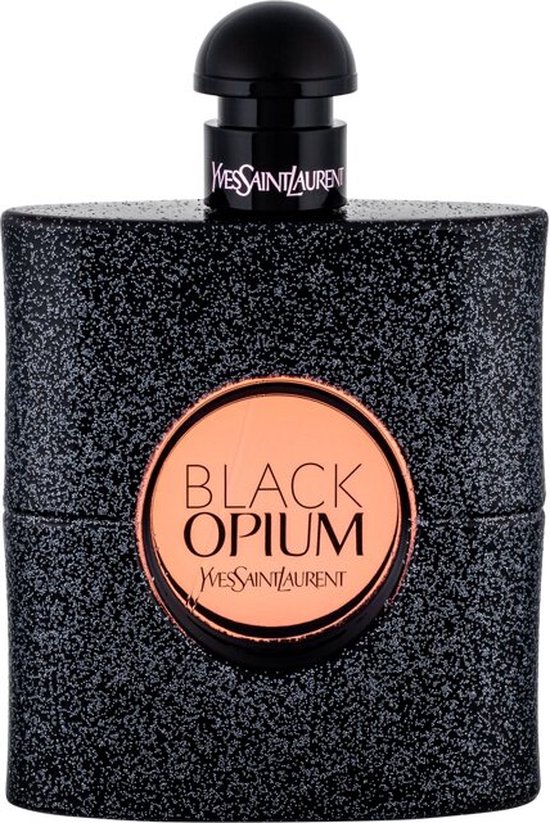 Zwarte Yves Saint Laurent Black Opium parfumfles met gouden cirkel met tekst.