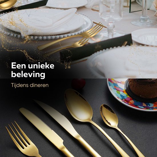 Gouden bestekset met een mes, vork en lepels op een gedekte tafel en op een zwarte achtergrond.