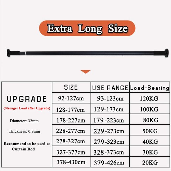 Tringle à Rideau Whitney Extensible - Acier Inoxydable 32mm - 378-430cm - Support 10kg - Sans Perçage