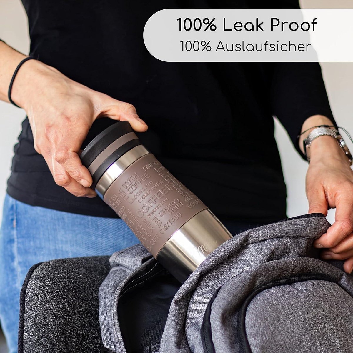 Geïsoleerde Thermosbeker 370ml 450ml - Lekvrije Roestvrijstalen Koffiemok - Automok dubbele wand isolatie - Thermo mok voor onderweg - Reismok - bruin 370 ml — cadeau in Koken & Dineren - foto 2