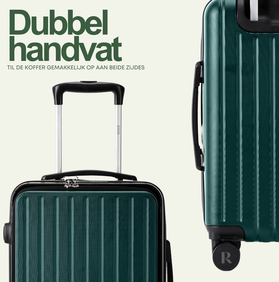 Donkergroene handbagage koffer met dubbel handvat aan de boven- en zijkant.