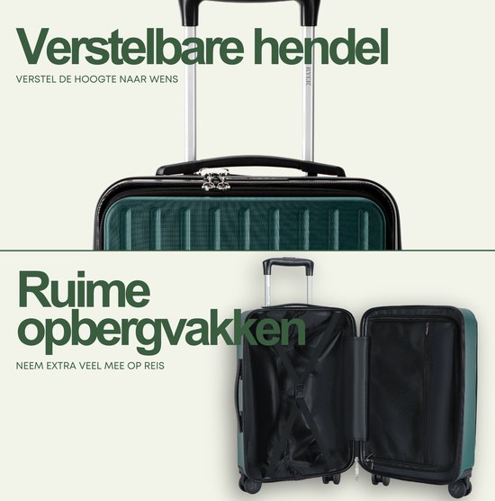 Donkergroene handbagage koffer met verstelbare trekstang en open vakken aan de binnenkant.
