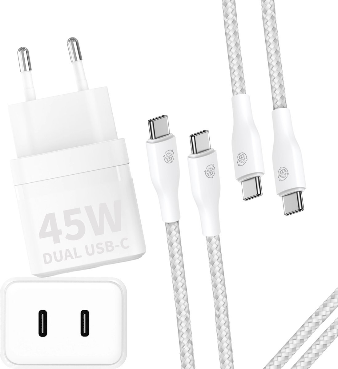 45w Snellader met 2x usb-C Kabel 2 Meter - Super Fast Charger - 45w - Geschikt voor Samsung, MacBook, iPhone 15