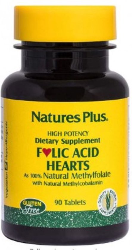 Gele fles Natures Plus Folic Acid Hearts met 90 tabletten. Hoogwaardige voedingssupplementen.