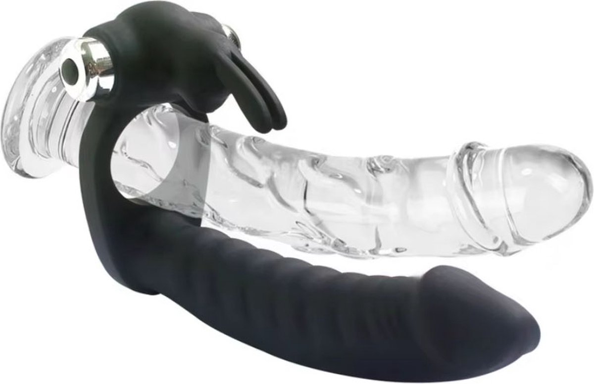 Goedkoopste Strap-on dubbele penetratie vibrator - One size - 14.6 CM - Siliconen - 7 vibratiestanden - Strapon - Cockring - Vertraagd klaarkomen
