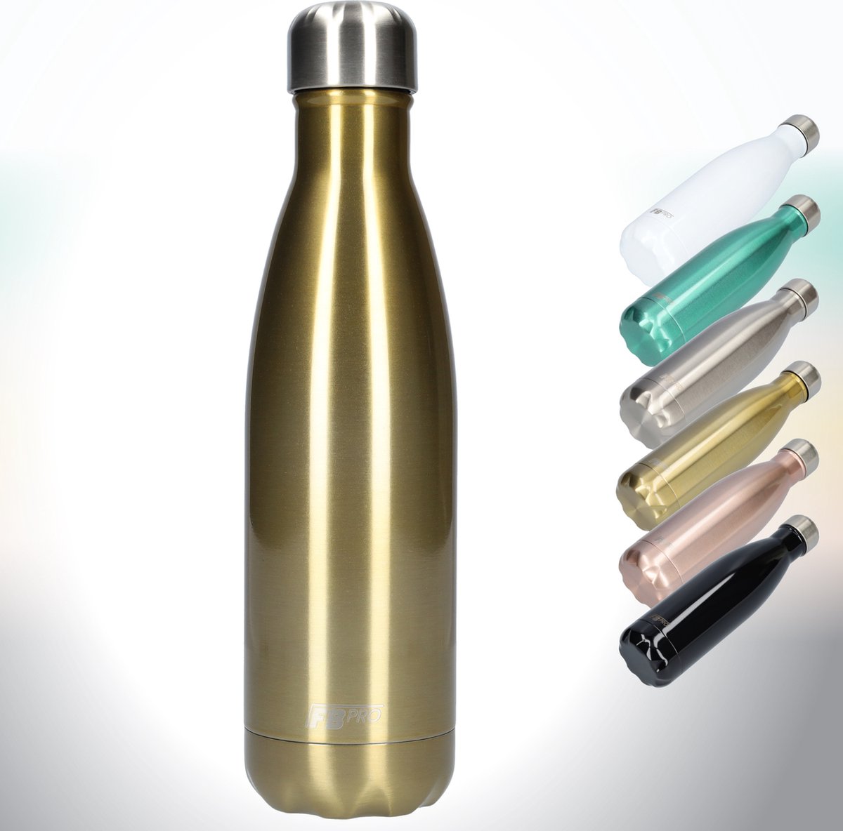 FBFS13, Thermosfles, Drinkfles, Waterfles - Modern & Slank Design - Thermos Fles voor de Warme en Koude Dagen - Dubbelwandig - Robuuste Thermoskan - 500ml - Gold Chrome - Glimmend Goud