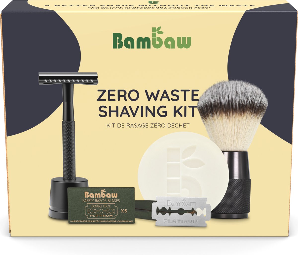 Bambaw® Milieuvriendelijke Scheerset voor Mannen - Scheerapparaat mannen - Premium Veiligheidsscheermes met Standaard, 15 Zweedse Stalen Messen, Geurvrije Scheerzeep & Zwarte Scheerkwast - Duurzaam Verzorgingscadeau