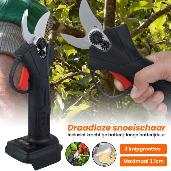 LotaHome - Elektrische Snoeischaar & Mini Kettingzaag - Dubbele Set - Snoeischaar en Kettingzaag - Complete Set - Handkettingzaag - Snoeien - Accu Snoeischaar - Snoeizaag - Inclusief Extra Accu en Handschoenen - Met Opbergkoffer - Zwart van LotaHome — afbeelding 4