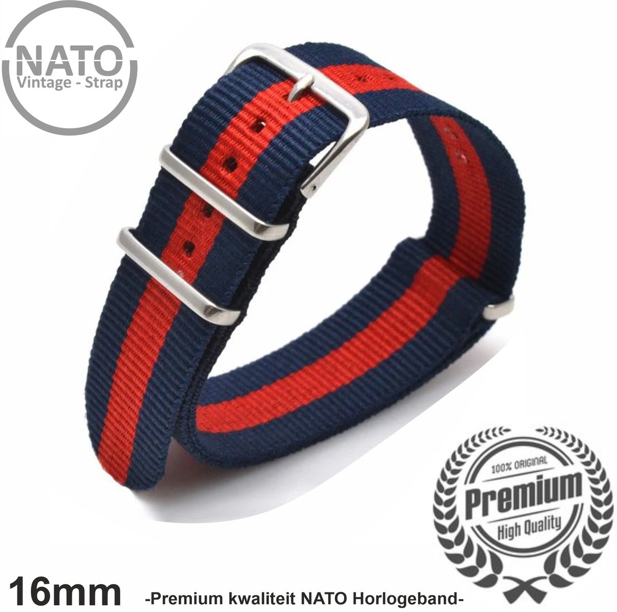 16mm Premium Nato Strap Blauw Rood - Vintage James Bond - Nato Strap collectie - heren - Horlogeband - 16 mm bandbreedte voor oa. Seiko Rolex Omega Casio en Citizen