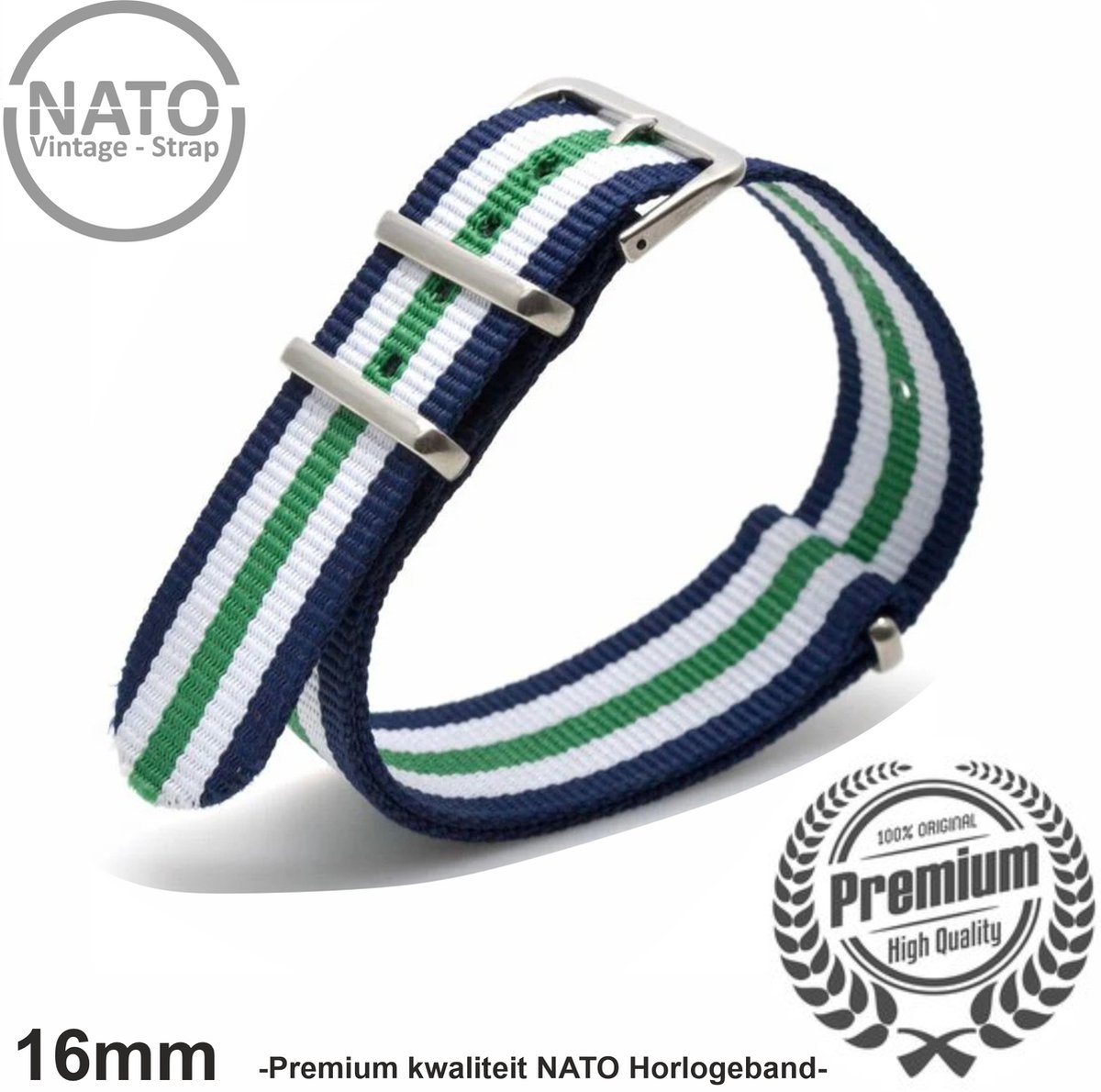 16mm Premium Nato Strap Blauw Wit Groen Gestreept - Vintage James Bond - Nato Strap collectie - Heren - Horlogeband - 16 mm bandbreedte voor oa. Seiko Rolex Omega Casio en Citizen