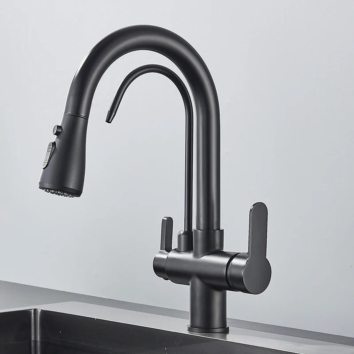 Gefilterd Kraan - Zuiver Water Keukenkraan - Met Uitschuifbare Dubbele Handgreep - Warm en Koud Drinkwater -Waterfilter - Zwart Mat