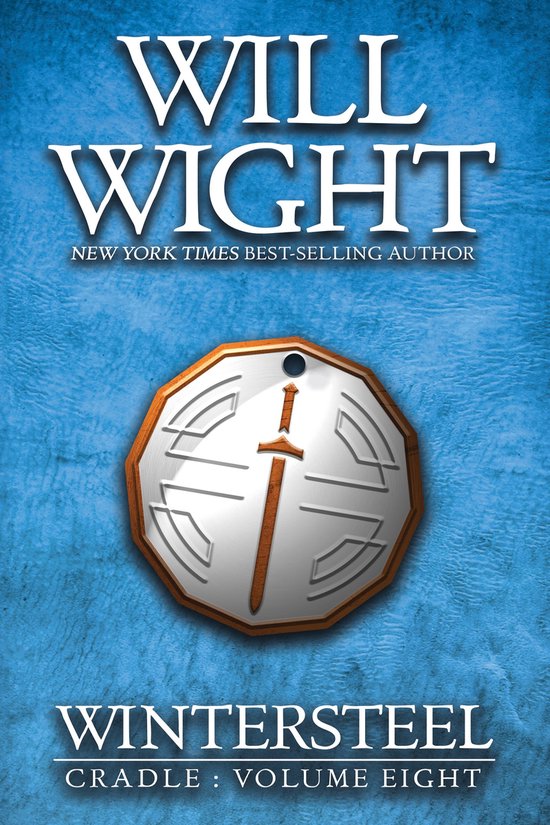 Boekomslag van "Wintersteel" door Will Wight. Blauwe achtergrond met een medaille met een zwaard.