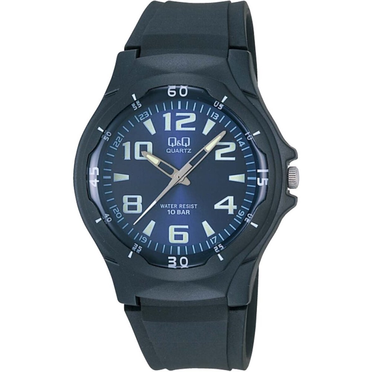 Q&Q VP58J003Y - Horloge - Sport - Analoog - Unisex - Plastic band - Rond - Cijfers - Kunststof - Zwart - Donkerblauw - 10 ATM