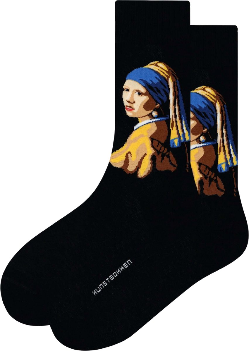 Kunst sokken - Meisje met de Parel: Johannes Vermeer - Sokken Heren 41 46 - Biologisch Katoenen Sokken - funny socks happy - Vrolijke Sokken - Grappige Sokken - Sokken Cadeau
