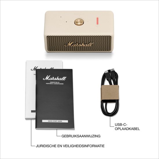Crème Marshall speaker met gebruiksaanwijzing en USB-C oplaadkabel.