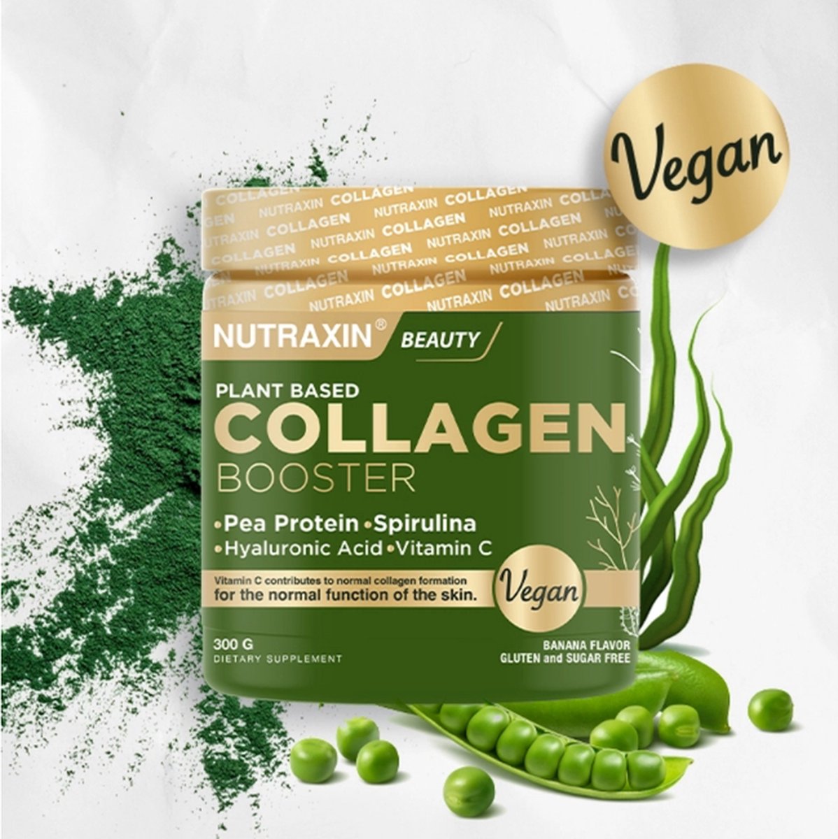 Nutraxin Beauty Collagen Booster - 300g - Vegan & Plantaardig - Met Erwtenproteïne, Spirulina, Hyaluronzuur & Vitamine C - Bananen Smaak