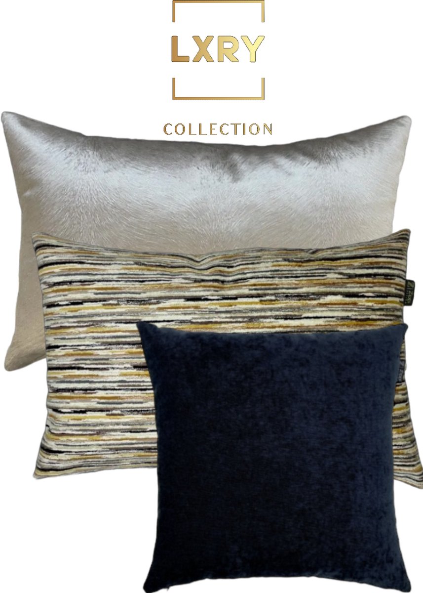Zippi Design Class Black LXRY Sydney SET (3st) 40x60cm & 45x45cm sierkussen set kleur goud, zwart en gestreept achterzijde goud