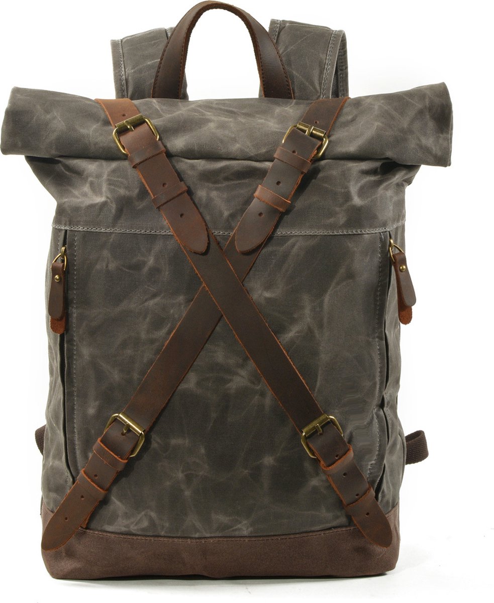 Rugzak Laptoptas 16 inch Schoudertas heren Handtas Waterdichte tas Retro Canvas Leder - Khaki