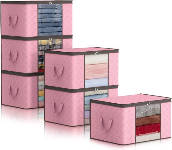 Lifewit Grote Capaciteit Kleding Opbergtas Organizer Met Versterkte Handvat Dikke Stof Voor Dekbedden, Dekens, Beddengoed, Opvouwbaar met Stevige Rits, Doorzichtig Venster, 6 Pack, 90L, Roze