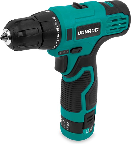 VONROC Accuboormachine 12V - Incl. Accu, usb-c kabel en 16-delige boor- en bitset