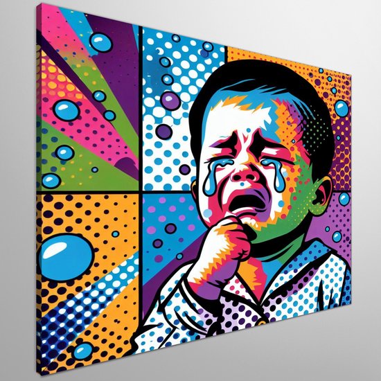 Pop art huilend kind schilderij | Kleurrijk verdriet: een hedendaagse interpretatie van een huilend kind | Kunst - 60x60 centimeter op Dibond | Foto op Dibond