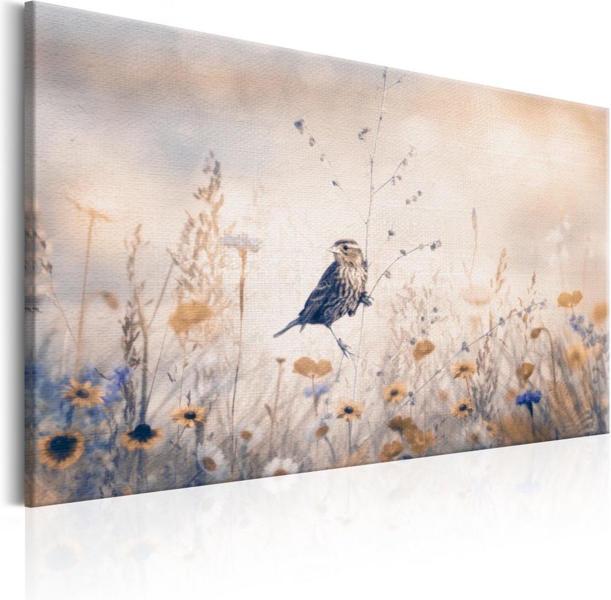 karo-art Schilderij - Lente sonate III , Vogel in het veld, print op echt Italiaans canvas, in 3 maten, multikleur, wanddecoratie