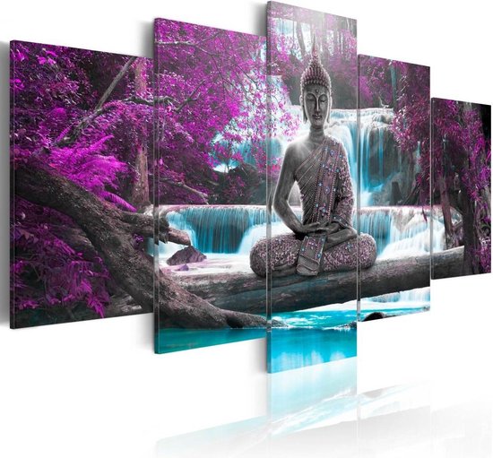 Peinture - Cascade et Bouddha, 5 panneaux, violet, impression sur véritable toile italienne, 2 tailles, pour salon et chambre