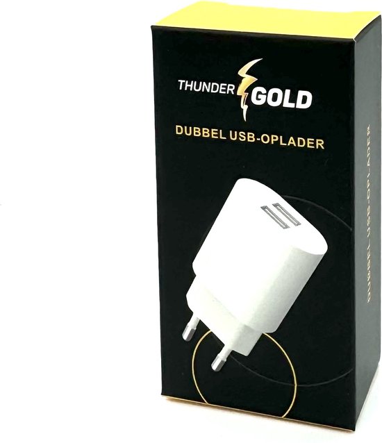 Verpakking van de ThunderGold dubbel USB-oplader met afbeelding van de witte oplader.