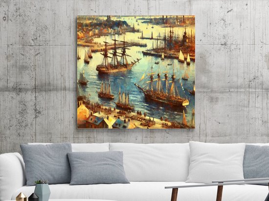 Olieverf haven schilderij | Haven van verf: een maritieme ode aan kleur en textuur | Kunst - 40x40 centimeter op Canvas | Foto op Canvas