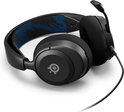 Zwarte gaming headset met blauw gestippelde hoofdband, een SteelSeries logo op de oorschelp en een oprolbare microfoon.