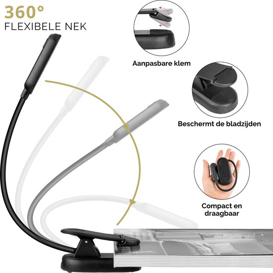 TKtrading LED Leeslampje voor Boeken - USB-C Oplaadbaar - Draadloos & Verstelbaar - Flexibele Zwanenhals LED Leeslamp met Klem - Compact en Handig voor Thuis, Reizen en Bed - Zwart — afbeelding 2