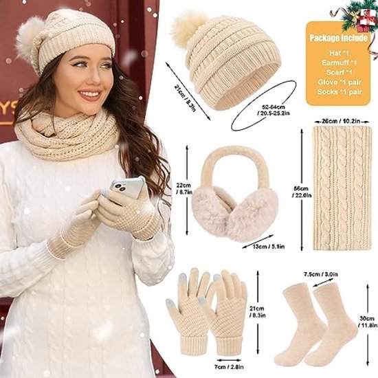 Wintermuts Sjaal Handschoenen En Oorwarmer, Warme Gebreide Muts Hoed Touch Screen Handschoenen Set Winter Geschenken Nek Sjaals Voor Vrouwen