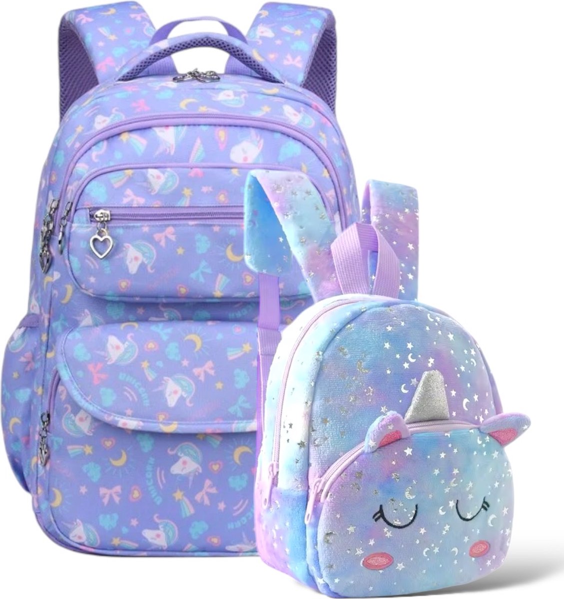 Ultiluxe® Schooltas met unicorns 2 stuks - Paars/blauw/lila - Rugzak voor meisjes - Kleine velvet eenhoorn rugtas - Schoolrugzak voor kinderen - Zilveren sterrenprint - 2-delige schooltassen set voor meiden - 20 L en 6 L