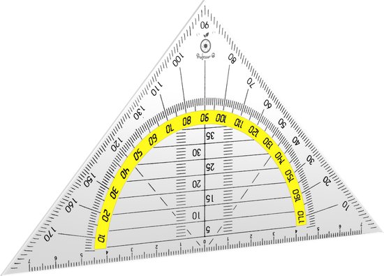 Transparante geodriehoek van 14 cm met gradenboog en schalen van 10 tot 170 graden.