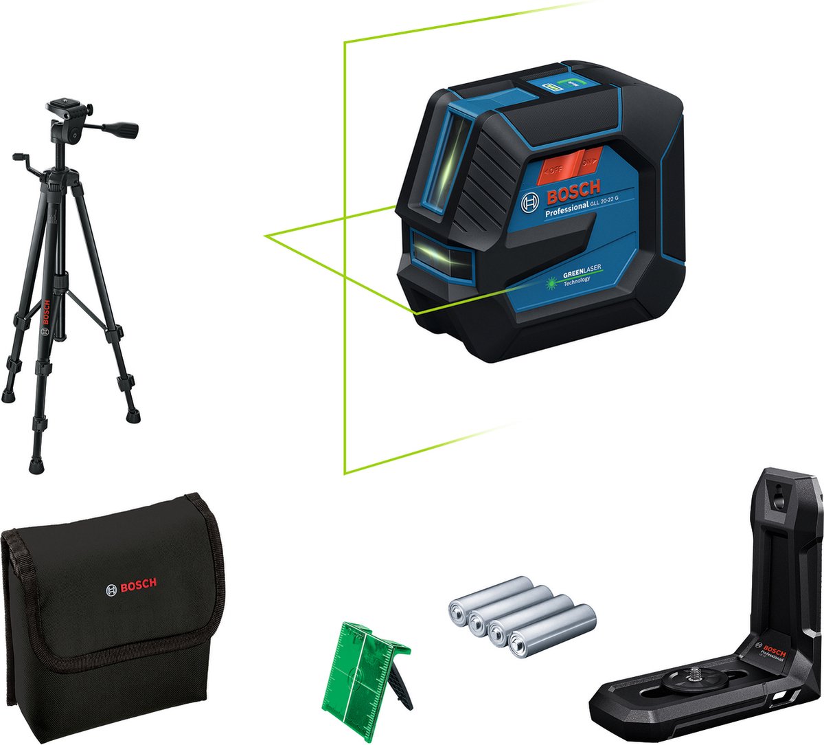 Bosch Professional GLL 20-22 G - Lijnlaser - (4x batterij 1,5V LR6 (AA), laserrichtbord, houder LB10, statief BT 150, alkalinebatterij-adapter, tas)