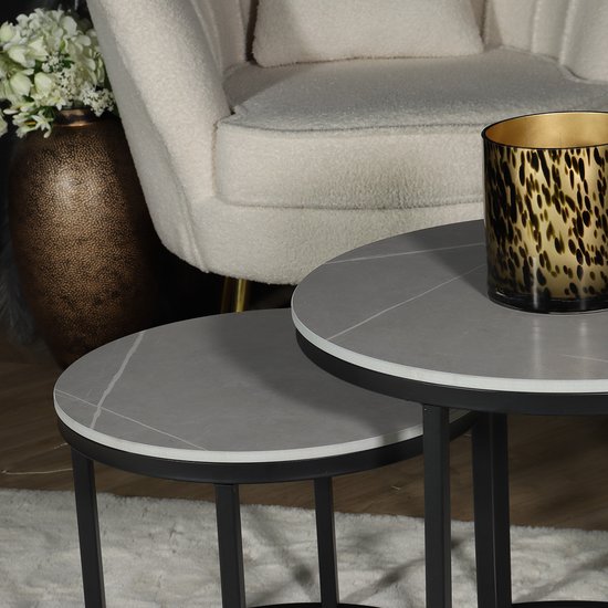 Table basse ronde 2 pièces aspect marbre table d'appoint grise Lotte table d'appoint en pierre
