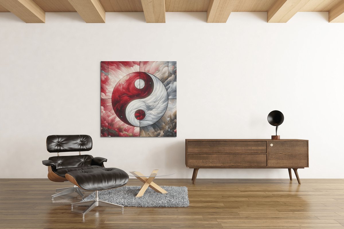 Trendex Global Vierkant Canvas Schilderij - Abstract - Yin en Yang - Rood - Wit - 60x60x2 cm