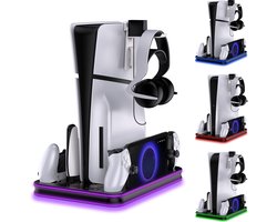 PlayCool all-in-one Multifunctionele RGB Oplaadstation- en Displaystandaard Geschikt voor PlayStation 5/ PS5 Slim/ PS5 Pro (Disc & Digital) & PlayStation Portal -DualSense (Edge) controller