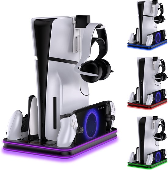 PlayCool all-in-one Multifunctionele RGB Oplaadstation- en Displaystandaard Geschikt voor PlayStation 5/ PS5 Slim/ PS5 Pro (Disc & Digital) & PlayStation Portal -DualSense (Edge) controller