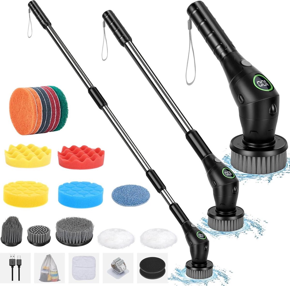 Goedkoopste Elektrische Reinigingsborstel met Steel - Elektrische Scrubber met Verwisselbare Borstelkoppen - 3 Snelheden - Ideaal voor Badkamer en Keuken - Zwart schrobber met steel
